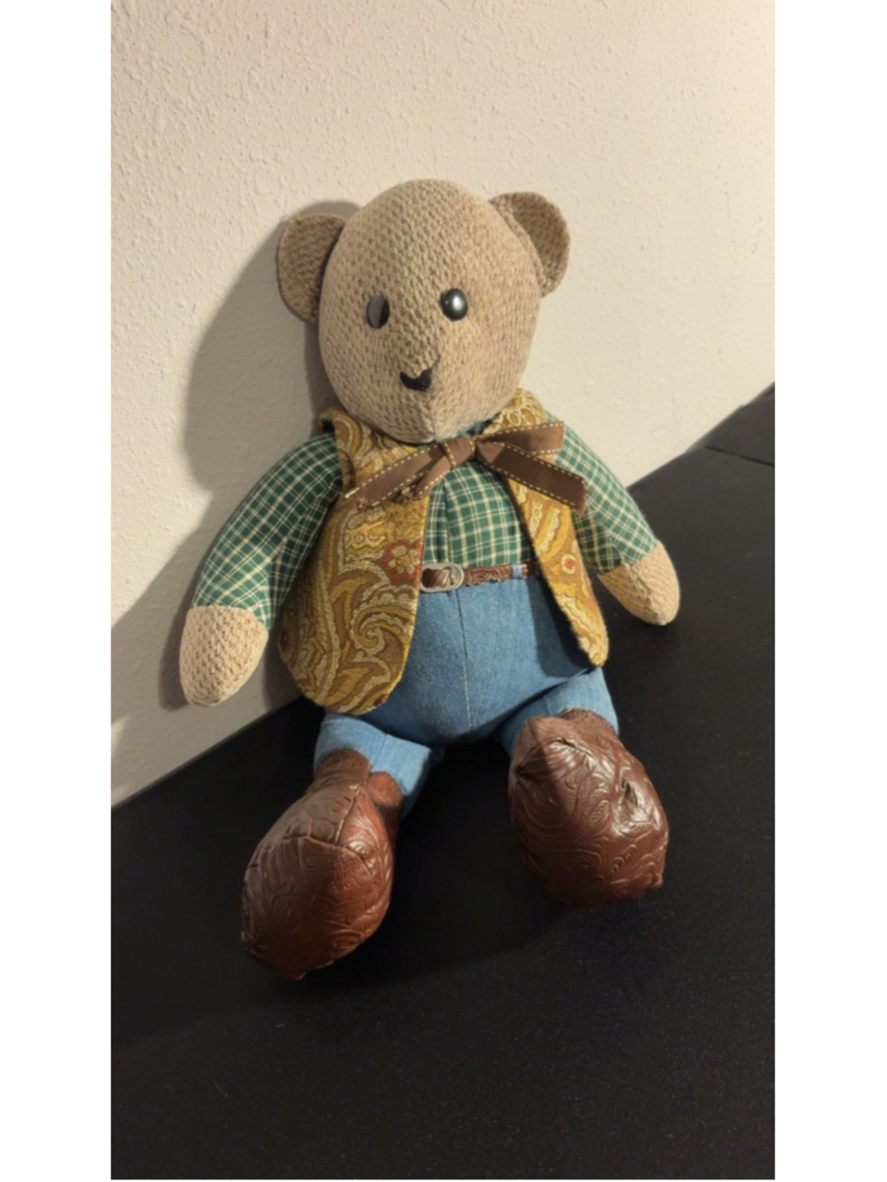 Vintage Cowboy Teddy Bear with Paisley Vest and Tooled Faux-Leather Boots